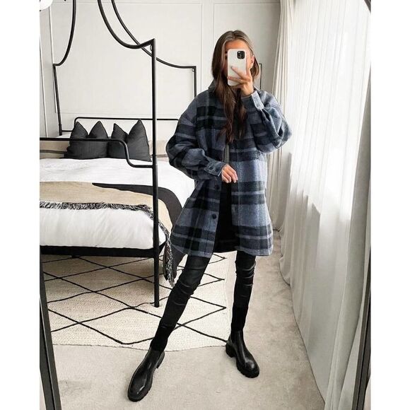 H&M Felted Shacket Shirt Jacket Blue Plaid New - Picture 5 of 12